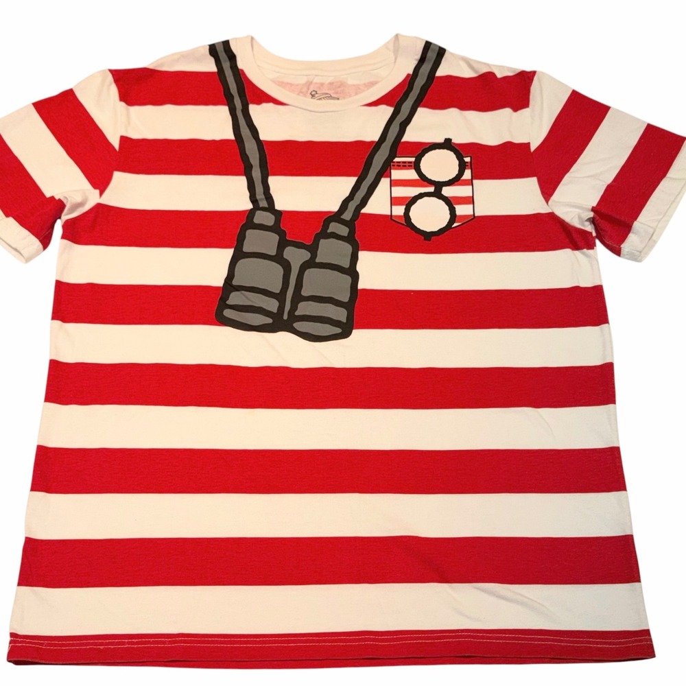Wheres Waldo Graphic T-Shirt Red White Striped Costume Tee Binoculars Glasses